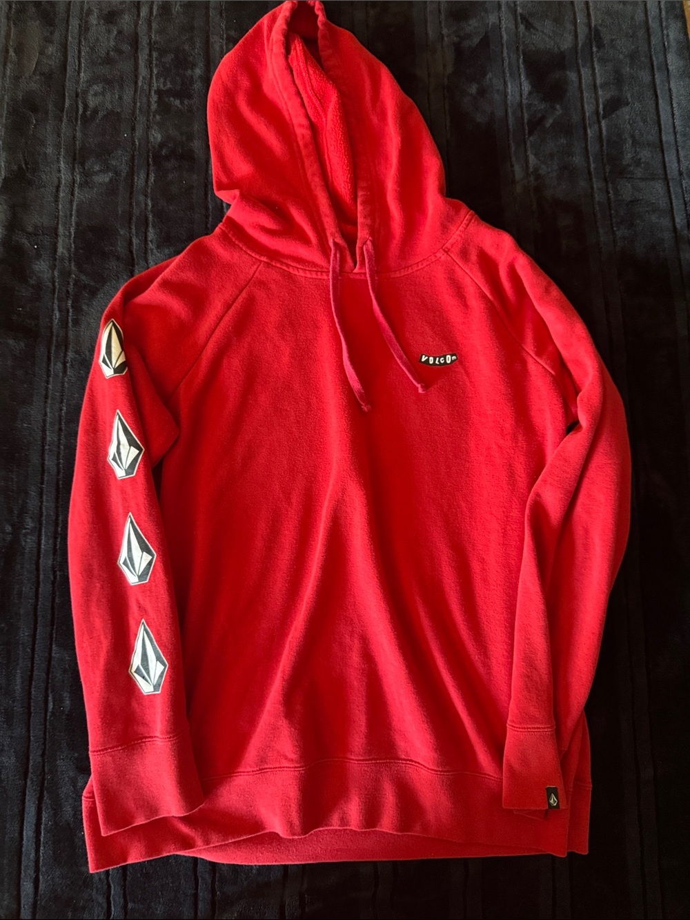 Volcom Red Pullover Hoodie with Sleeve Emblems